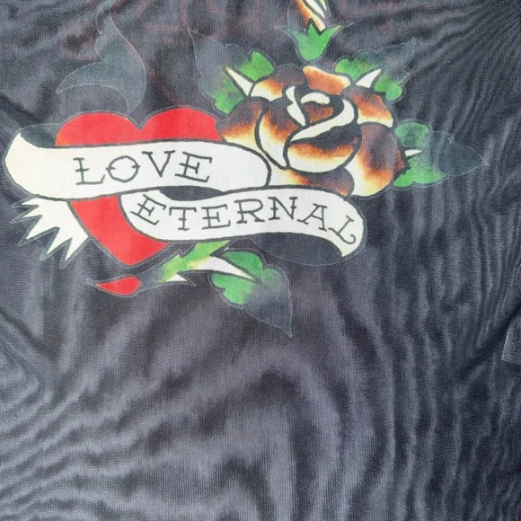 Ed Hardy Black Sheer Long Sleeve Tattoo-Print Crop Top - Picture 4 of 11